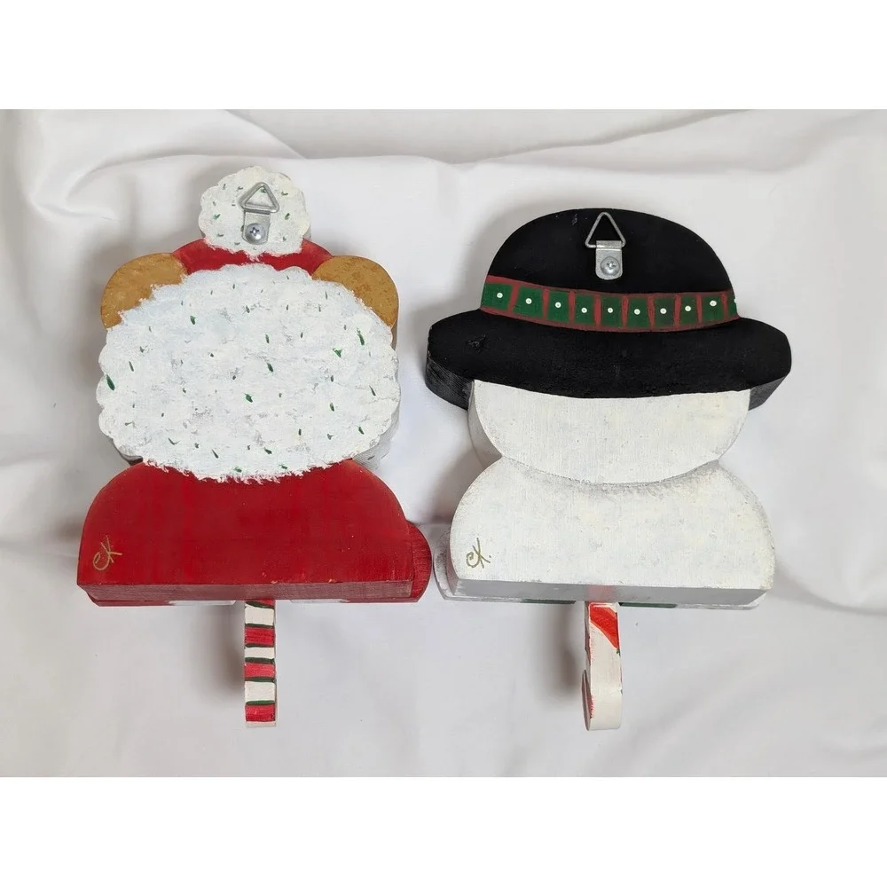 Vintage 2pc Hand Painted Wood Christmas Stocking Hangers Bear Snowman